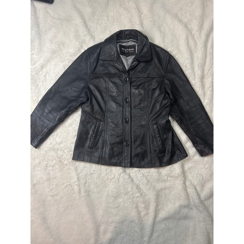 Wilsons Leather Jacket Women L Black Good Button Front Pebbled Genuine Leather